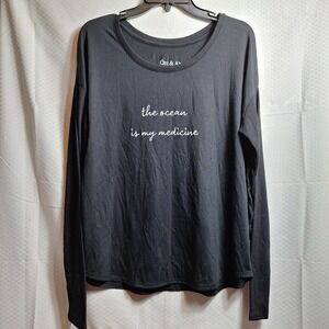 OM & AH London "The Ocean Is My Medicine" Tee Sz L Black Stretch Yoga Athleisure